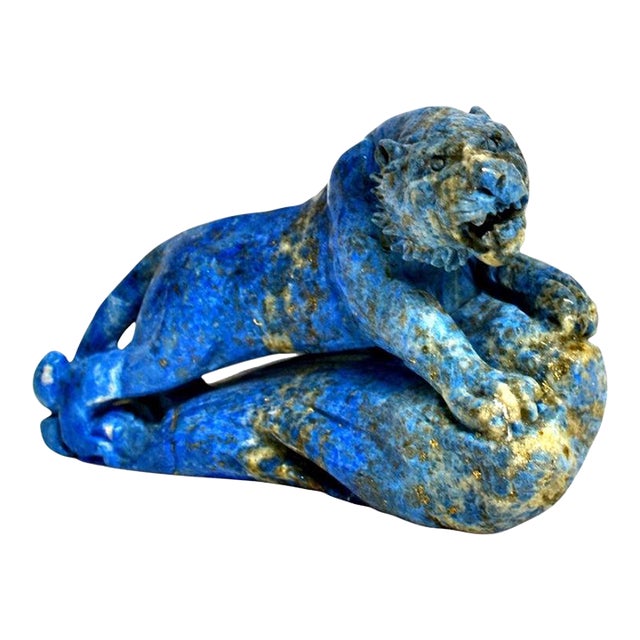 Natural Lapis Tiger Statue With Golden Pyrite Paperweight For Sale