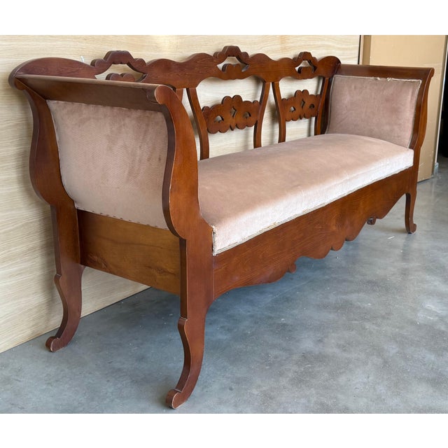 Rare midcentury sofa, settee or bench in the Spanish style with upholstered back. Shown in original condition, please note...