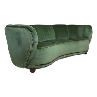 Flemming Lassen 1930s Danish Deco Curved Back Settee in Original Green Mohair For Sale