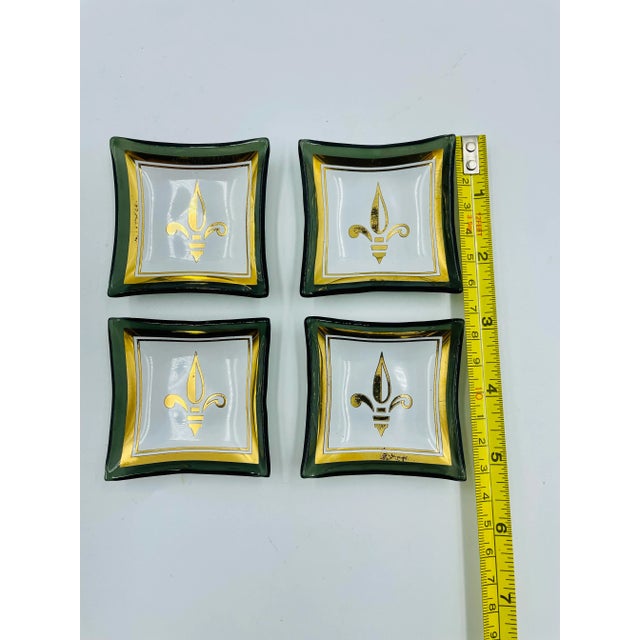 Glass Vintage “Card Mates” Smoke Glass & Gold Leaf "Fleur De Lis" Petite Cocktail or Trinket Trays- Set of 4 For Sale - Image 7 of 9