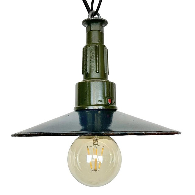Industrial Blue Enamel Military Pendant Lamp with Cast Aluminium Top, 1960s For Sale - Image 16 of 16