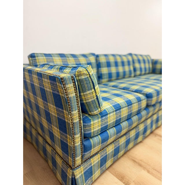 Mid-Century Modern Vintage MCM Retro Plaid Sofa in Electric Blue and Green With Nailhead Trim For Sale - Image 3 of 13