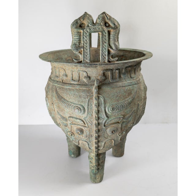 20th Century Chinese Verdigris Brass Ding Ritual Bronze Form Vessel For Sale - Image 4 of 18