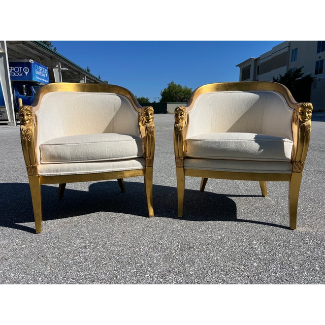 Gold 1950s Companion Pair Louis XVI Style Gold Gilt Upholstered Arm Chairs For Sale - Image 8 of 17