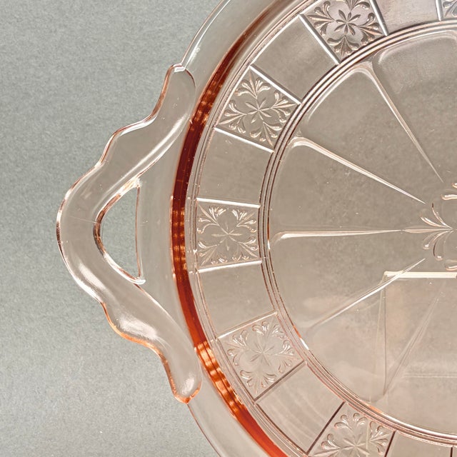 Pink Vintage Pink Depression Glass Handled Cake Plate in Federal Glass Rosemary Pattern For Sale - Image 8 of 10