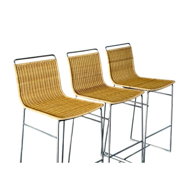 Late 20th Century Modern Wicker and Chrome Barstools, Set of Three For Sale - Image 5 of 12