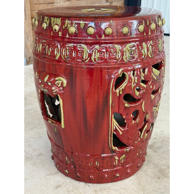 Vintage Oxblood Red Chinese Ceramic Glazed Garden Stool With Pierced Detailing For Sale - Image 10 of 12