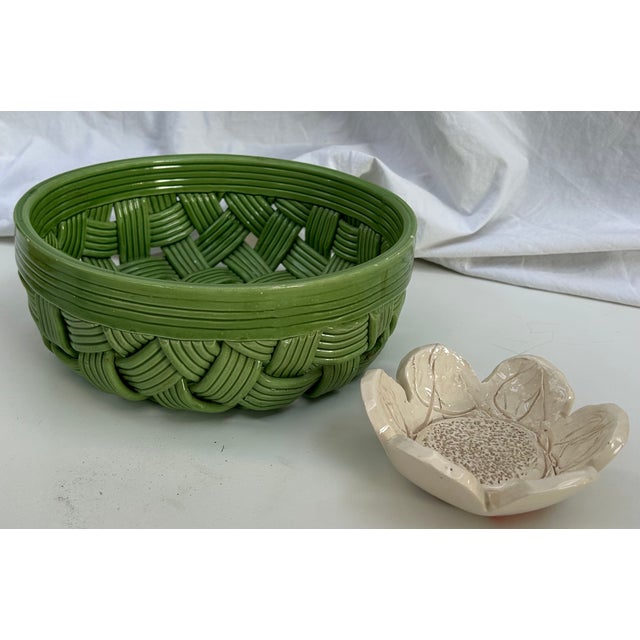 Vintage Round Italian Green Ceramic Basket Chairish
