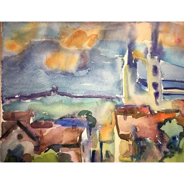 Blue View of a Town, 1950s, Watercolor For Sale - Image 8 of 13