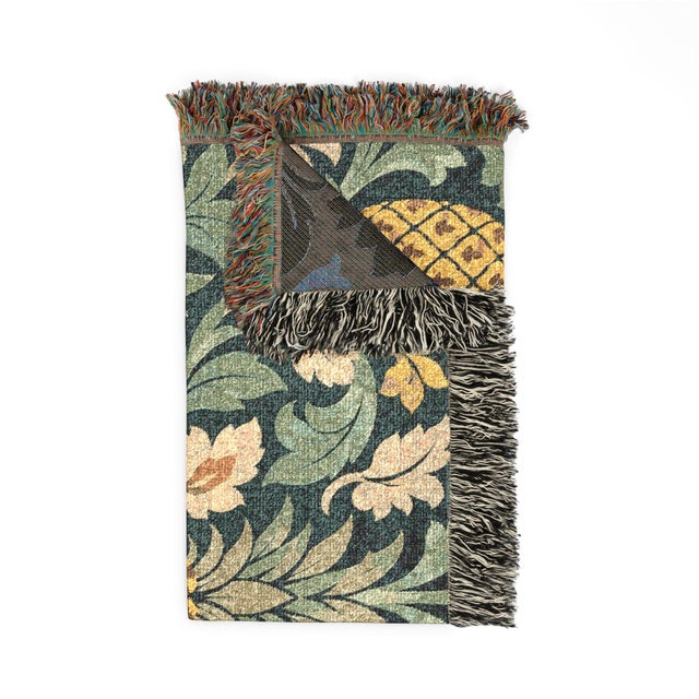This Arts & Crafts pineapple woven throw blanket features golden pineapples, sage green acanthus foliage, and ivory...