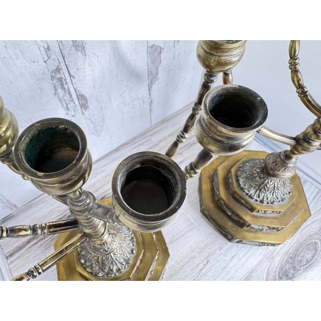 Traditional Antique Dutch Brass Menorah Candelabras - A Pair For Sale - Image 3 of 7