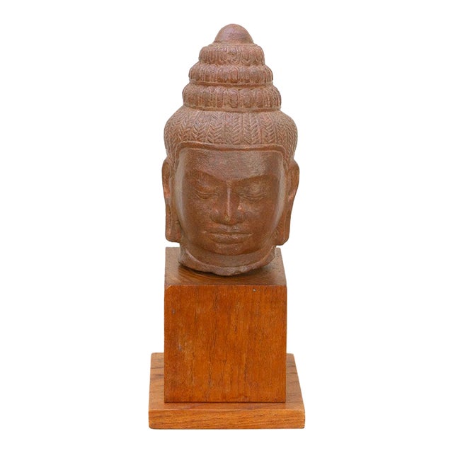 Khmer Serenity Old Stone Buddha Sculpture on Base For Sale