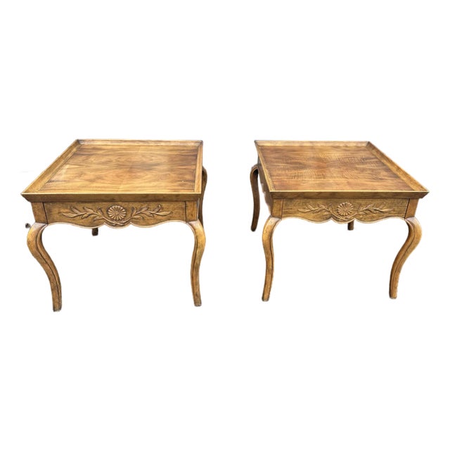 Sweet Pair of Vintage Baker French Provincial Walnut Side Tables With Carved Aprons For Sale