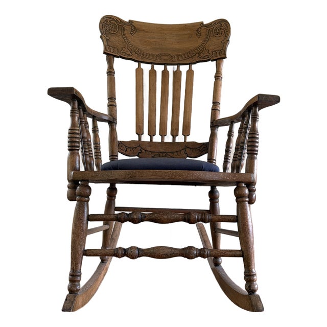 Antique Late Victorian Pressed-Back Oak Rocking Chair With Navy Seat For Sale