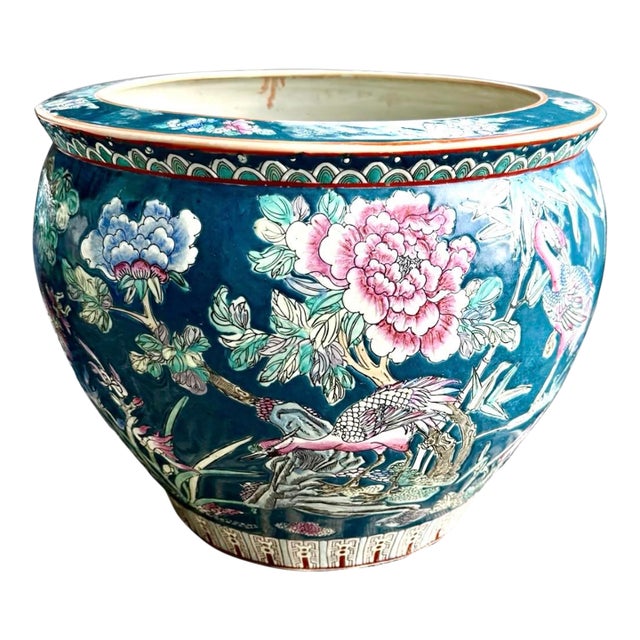 Mid 20th Century Large Famille Rose Teal Fish Bowl Planter For Sale