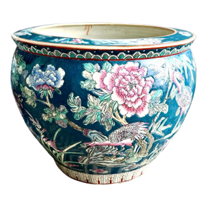 Mid 20th Century Large Famille Rose Teal Fish Bowl Planter
