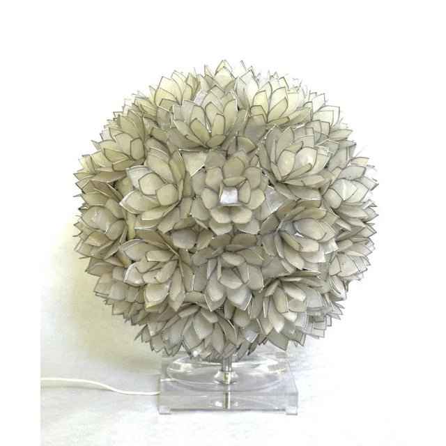 Stunning, very large Capiz shell lotus ball table lamp Germany, 1960s. Consisting of groups of thin, individually metal-...