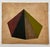 A striking vintage geometric abstraction featuring a sculptural interplay of angular planes in burgundy, charcoal, olive...
