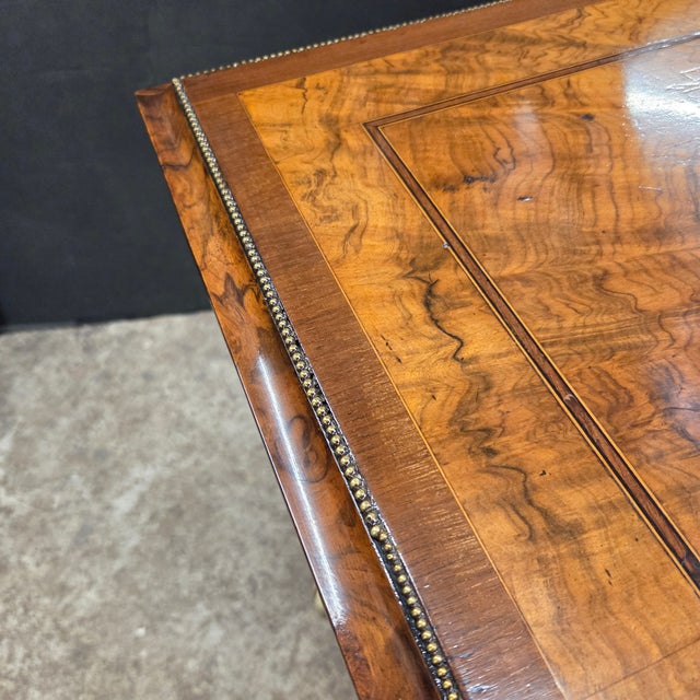 Mid 19th Century Regency Walnut & Rosewood Inlaid Table W/2 Drawers, Brass Beading, Ornate Handles, on Square Tapered Legs on Brass Casters For Sale - Image 4 of 15