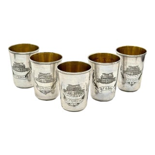 1950s Rare 5 Soviet Armenian 875 Silver Vodka Cups 875 Star Russian Hallmark 875 Silver Purity Yerevan Opera 1955 Gilt For Sale