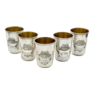 1950s Rare 5 Soviet Armenian 875 Silver Vodka Cups 875 Star Russian Hallmark 875 Silver Purity Yerevan Opera 1955 Gilt