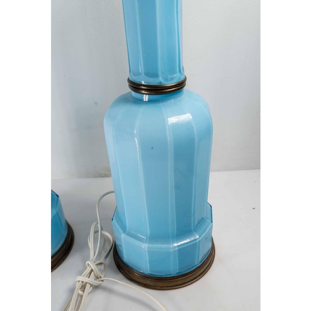 Early 20th Century Pair of French Baby Sky Blue Opaline Glass Table Lamps For Sale - Image 13 of 14