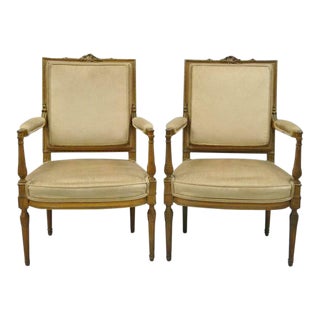 Vintage Carved Walnut French Louis XVI Directoire Square Back Fireside Arm Chairs- a Pair For Sale