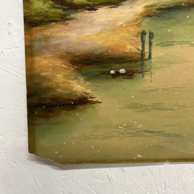 Vintage Art Watercolor Scenic Holland Countryside Windmill Lake & Boat For Sale - Image 10 of 12