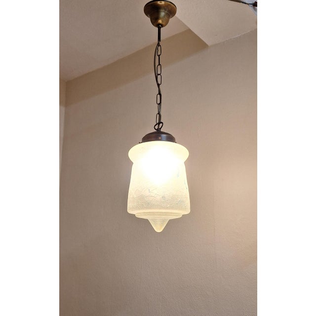 Metal Vintage Art Deco German Ceiling Lamp with Closed Ice Glass Shade with Remains of Colored Painting on Brass Mount, 1930s For Sale - Image 7 of 7