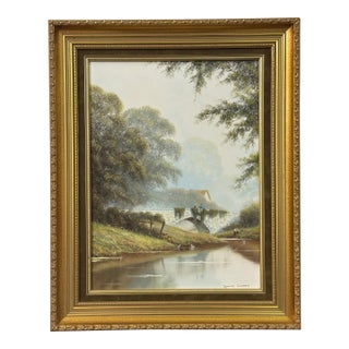 River Bridge with Figures in English Countryside by 20th Century British Artist Circa 1995 For Sale