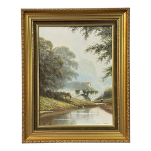 River Bridge with Figures in English Countryside by 20th Century British Artist Circa 1995