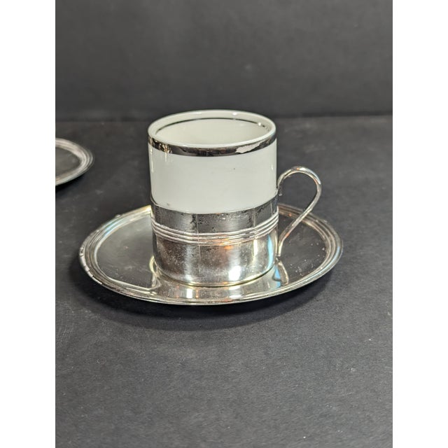F.B. Rogers Silver Co. 4 Vintage 1980"s Porcelain and Silverplate Demitasse Espresso Cups, and Saucers, Brazil, Fb Rogers Silver For Sale - Image 4 of 10