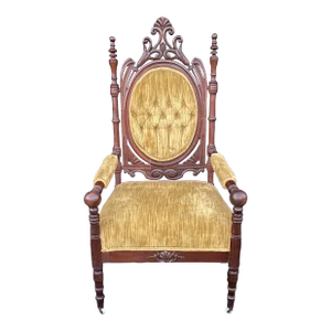 19th Century Gothic Revival Throne Armchair With Gold Velvet Upholstery