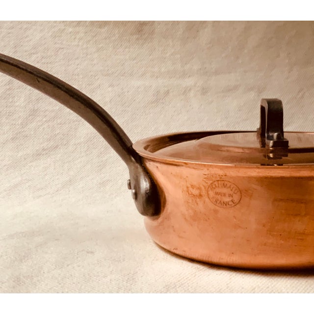 French 1970s Baumalu French Tinned Copper Sauté Pan With Lid, Cast Iron Handle, Made in Alsace, France, 6.75" Diameter, 1 Quart For Sale - Image 3 of 15