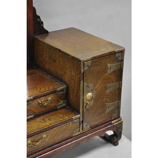 Antique Japanese Wood & Brass Small Low Kyodai Vanity Dressing Table With Mirror For Sale - Image 16 of 18