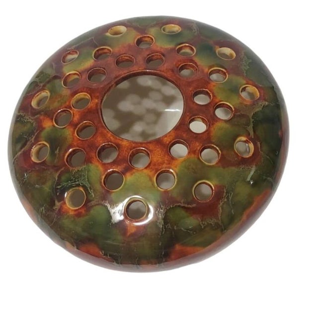 Mid-Century Modern Late 20th Century Flo Westfall Ceramic Drip Glaze Vase Flower Frog Arrangement Green Brown For Sale - Image 3 of 8