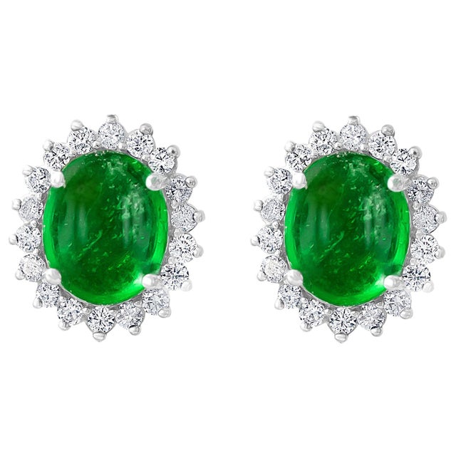 12 Ct Natural Emerald Zambia Cabochon & Diamond Stud Earring 14 Karat White Gold For Sale - Image 15 of 18