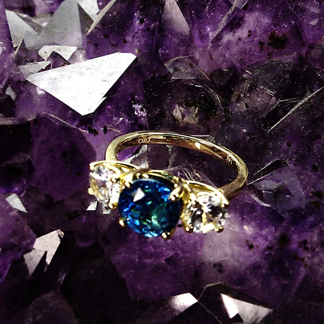 Blue Tourmaline and White Cambodian Zircon Cocktail Ring For Sale - Image 9 of 9