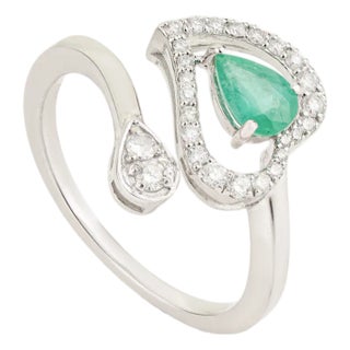 Emerald & Diamond Heart Halo Toi Et Moi Bypass Ring in 14k White Gold Size 6 For Sale