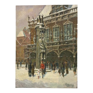 1946 Vintage European City Scene Oil on Canvas For Sale
