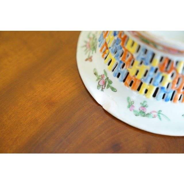 Ceramic Chinese Canton Famille Rose Reticulated Basket Bowl With Floral and Figural Decoration For Sale - Image 7 of 12