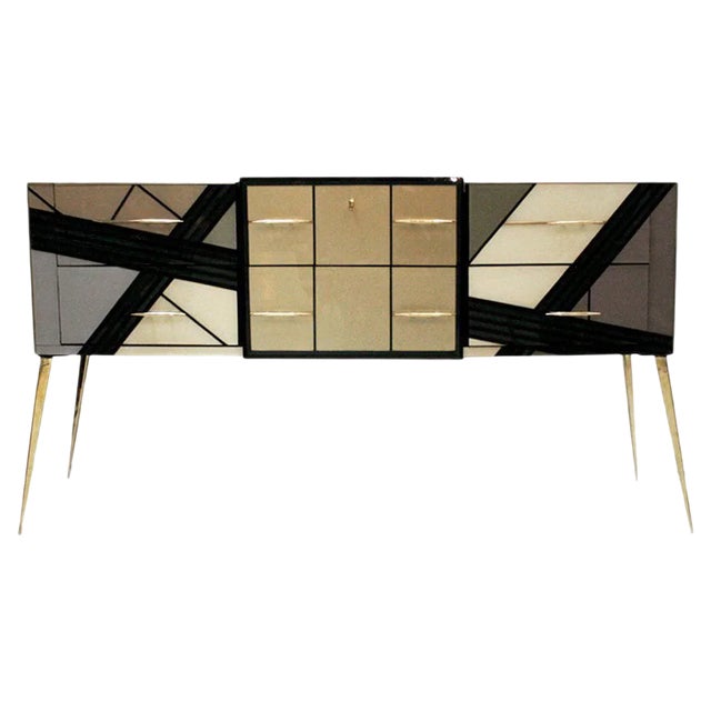 Mid-Century Solid Wood and Colored Glass Italian Sideboard For Sale
