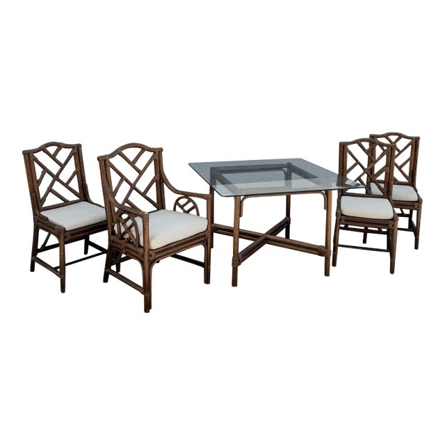 Boho Chic Chippendale Style Rattan Dining Set - 5 Pieces For Sale