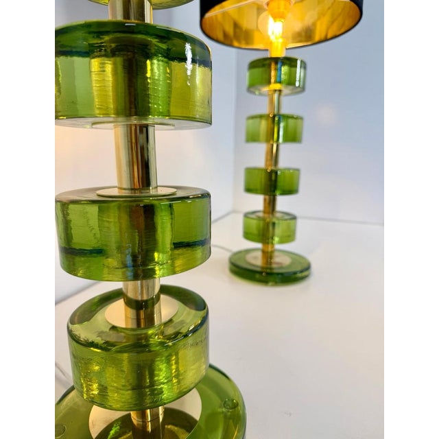 Aqua Italian Green Emerald Murano Glass Discs and Brass Lamps with Black Lampshades, 2000s, Set of 2 For Sale - Image 8 of 15