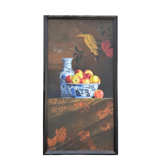 Monumental Hyper Realist Still Life Painting Of Apples Hand Signed Oil on canvas 72 X 36.5 canvas. 76.5 X 41 inches framed...