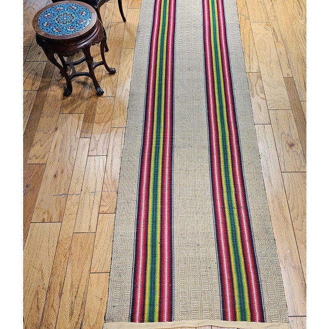Vintage American Rag Runner, Handwoven Stripe Pattern, Tan, Green & Magenta, 3x13 For Sale - Image 11 of 13