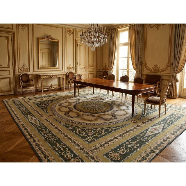 9x12 Vintage Aubusson Flat Weave Wool Rug, Green and Gold Empire Medallion For Sale - Image 14 of 15