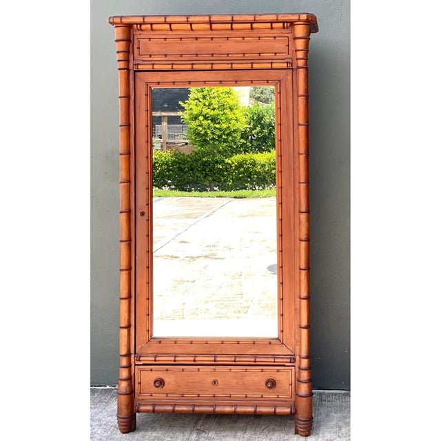 Brown Vintage Faux Bamboo Armoire With Mirror For Sale - Image 8 of 12