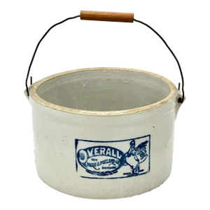 Antique American Blue Decorated Stoneware Chicken Farm Feed Bucket With Company Advertising - Circa Early 1900s