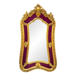 French Rococo Gold Leaf Mirror With Burgundy Velvet & Ornate Gilded Frame For Sale